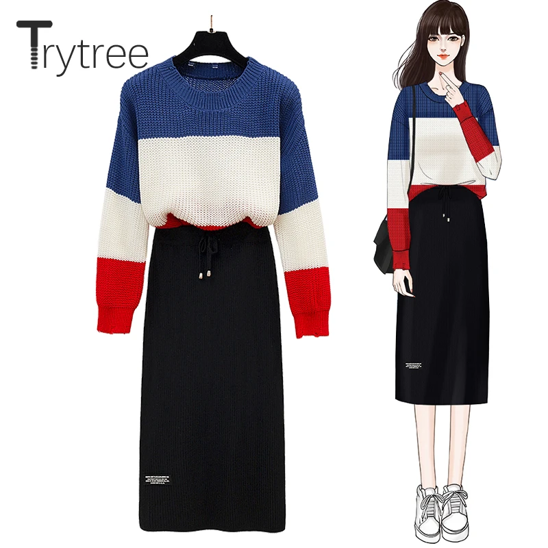 Trytree Autumn Winter two piece set Casual Spliced Loose Knitwear Sweater + Skirt Drawstring Fashion Office Lady Set 2 Piece Se | Женская