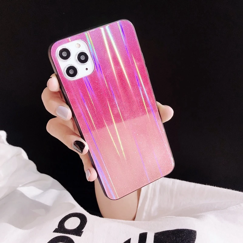 For iPhone 6 6s 7 8 Plus 10 X XS XR 11 Pro Max Glitter Gradient Sparkle Sequins Laser Holographic Hard Tempered Glass Case Cover | Мобильные
