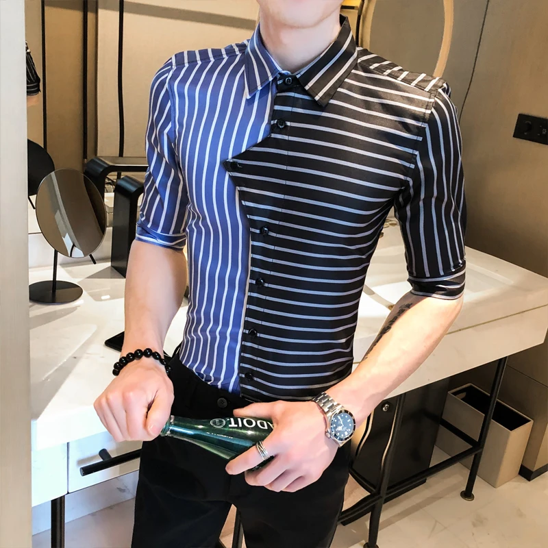 

Men Striped Personality Shirt 2020 Summer Casual Slim Fit Short Sleeve Shirts Men Dress Streetwear Social Nightclub Party Blusa