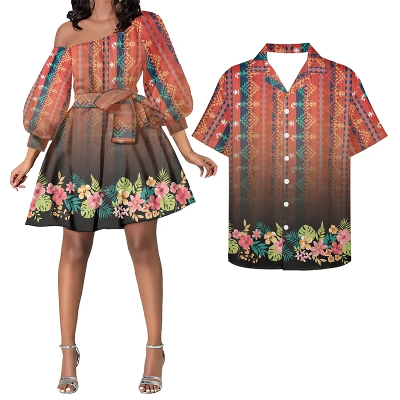 

Hycool Polynesian Tribal Fashion Party Set Couples Matching Off Shoulder Mini Orange Dresses For Women Summer Puff Sleeve Dress