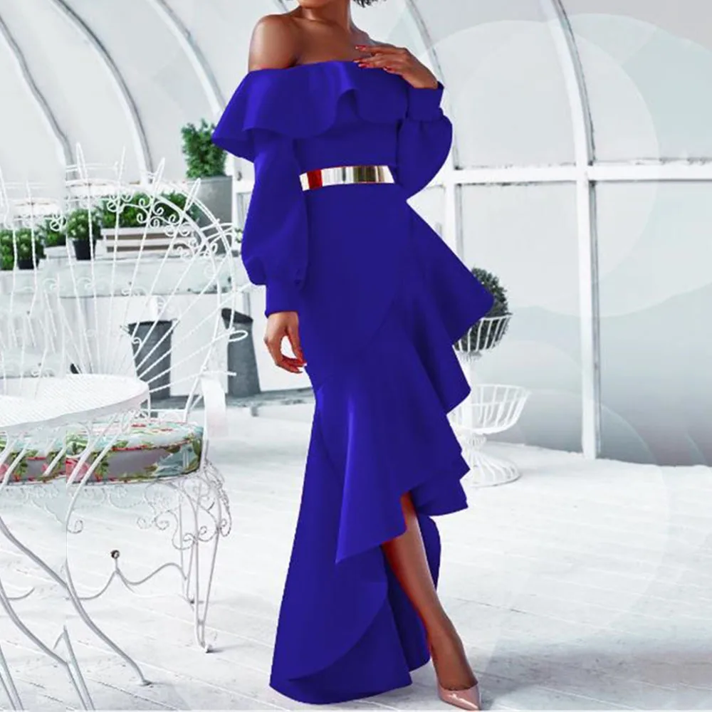 Синее сексуальное платье с открытыми плечами и длинным рукавом Асимметричное