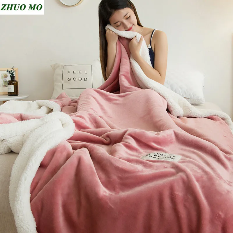 

Free shipping blankets Double-layer lamb for beds pink winter weighted blanket Fleece Super Soft Throw Sofa Bed sheets blanket