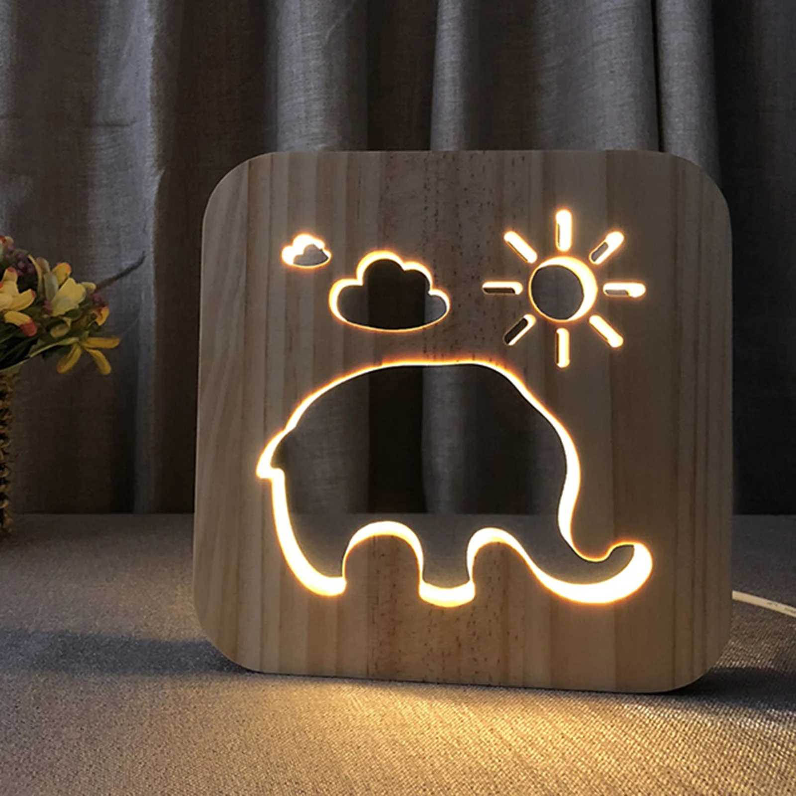 

Светодиодный ночник с USB, Деревянный светильник в виде слона, ажурное животное, новинка, детская спальня, 3D декоративный Настольный светильн...