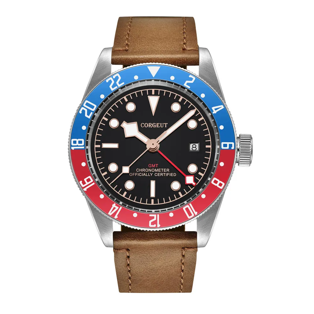 Corgeut люксовый бренд Schwarz Bay GMT Мужские автоматические механические часы Военные Спортивные часы для плавания кожаные механические наручные часы - Цвет: 2031A-SRLG