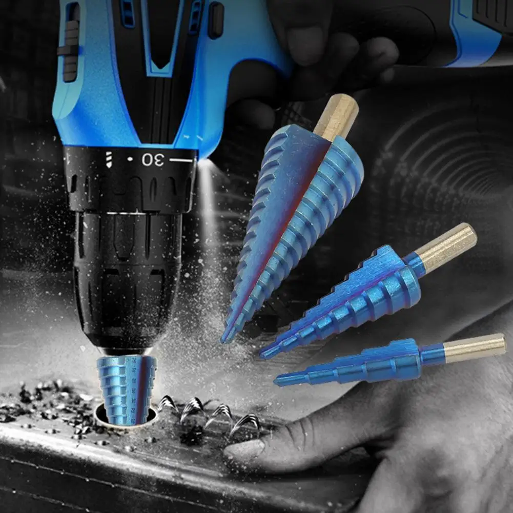 

3Pcs Step Drill Bits Firm Various Apertures Drilling Triangular Handle HSS Straight Flute Step Drill Bit Kit for 4mm Wood Board