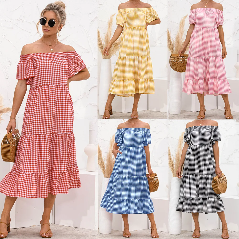 

Женское длинное платье, летнее платье с принтом в клетку, с карманами, вырезом-лодочкой, рукавами-бабочками, 2021