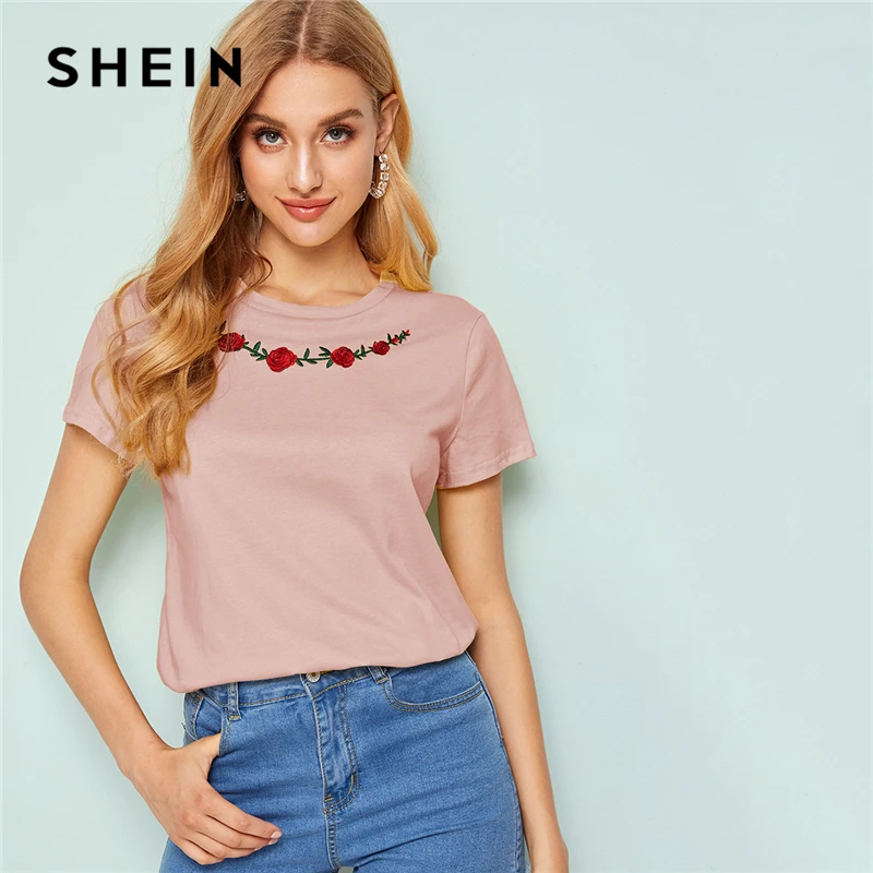 SHEIN женская футболка с вышитым цветочным принтом, женская одежда, топы, Повседневная летняя футболка с круглым вырезом и коротким рукавом