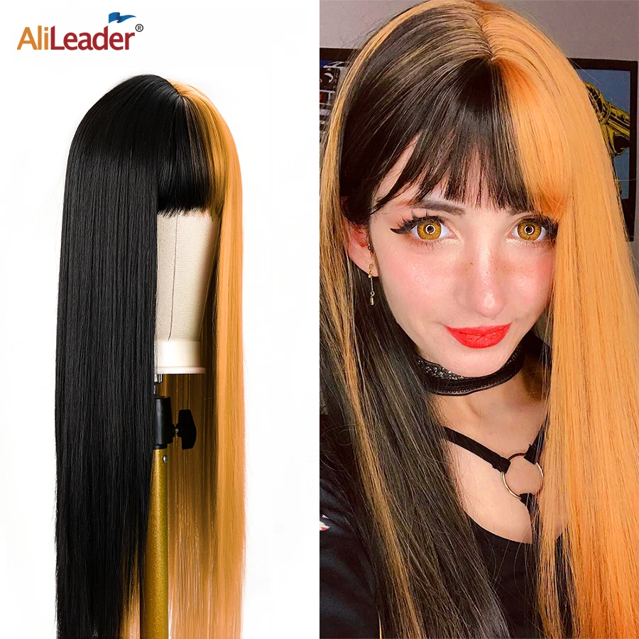 

Alileader Super Wigs For Black Women Cosplay Wigs Heat Resistant Two Tone Wig With Bangs 26Inch Synthetic Wig Half Pink And Blue