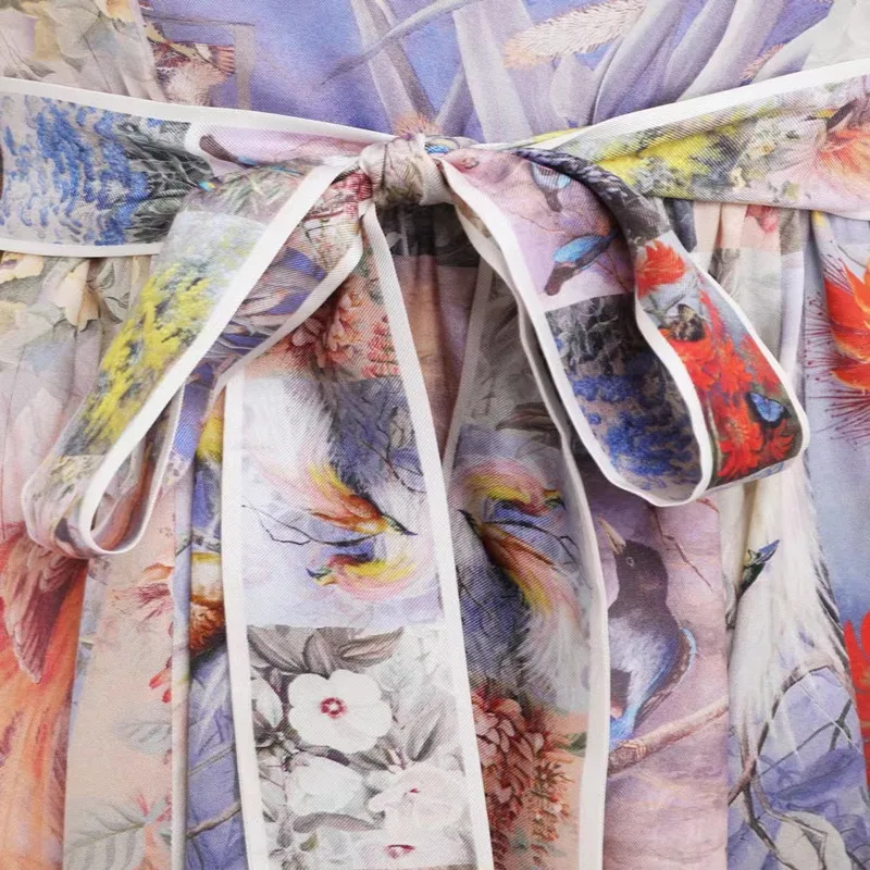 

Women's Silk Mini Dress Long Sleeve O Neck Flower Printed Ladies Dress With Belt 2021 New Summer Robes