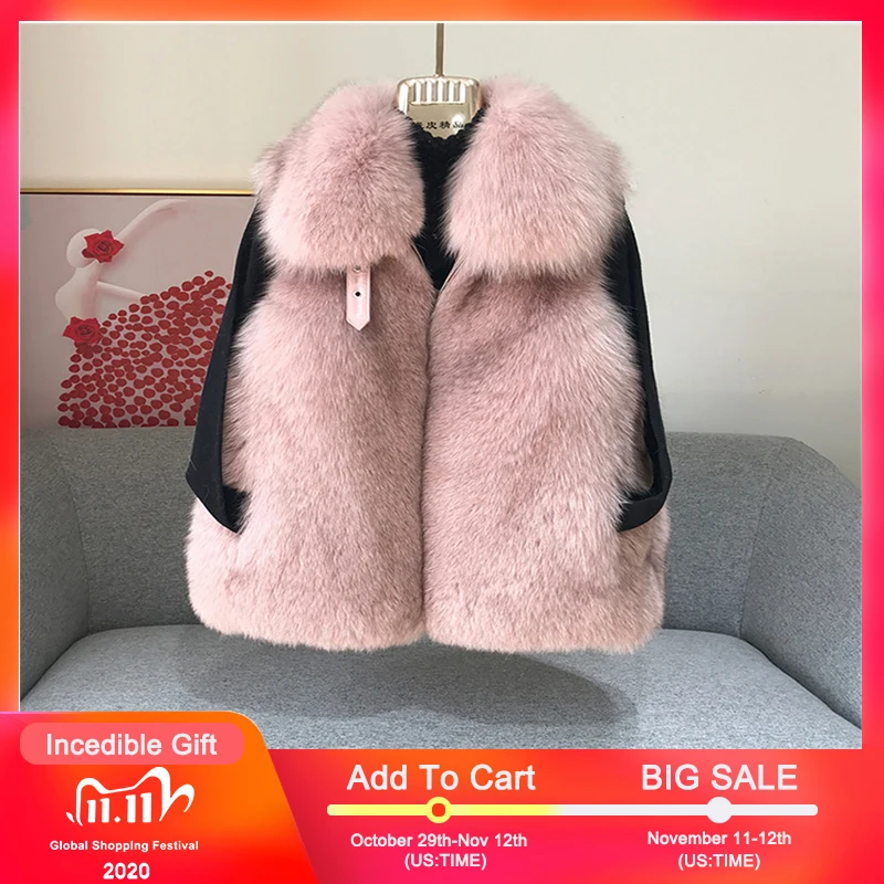 FURSARCAR 2021 Genuine Motorcycle Leather Fur Vest With Collar Real Natrual Fox Fur For Women Winter Whole Skin Waistcoat