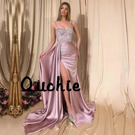 

Spaghetti Straps High Split Evening Dresses Satin Special Occasion Party Dress robe soiree Prom Gown Custom Made Plus