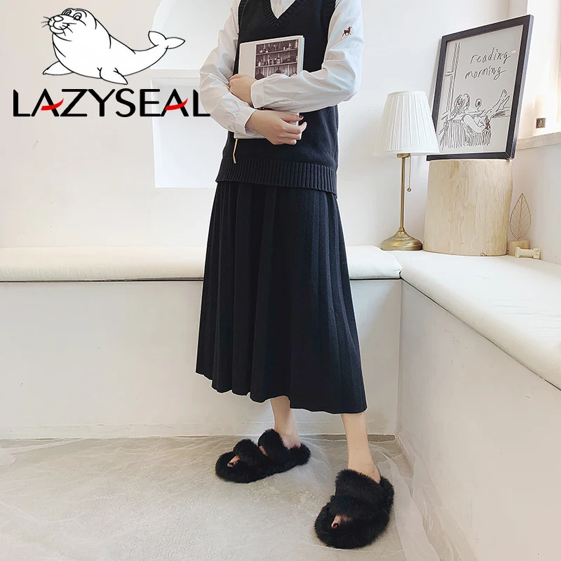 LazySeal/женские тапочки с натуральным мехом новые тапочки их меха под кролика домашние Шлепанцы женские пушистые домашние вьетнамки