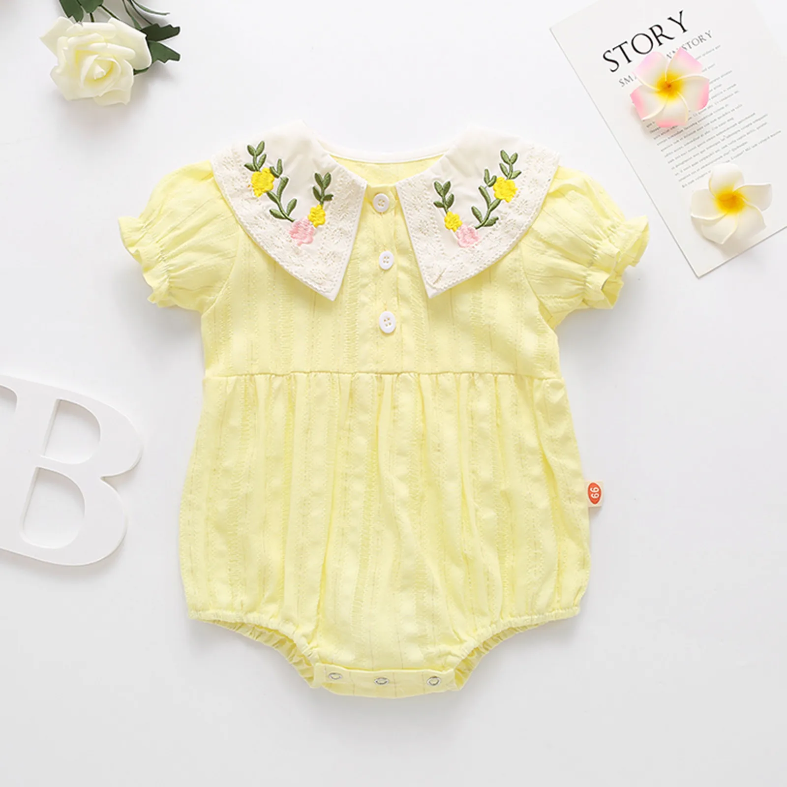 

Newborn Infant Baby Girls Bodysuit Summer Peter Pan Collar Cotton Linen Floral Embroidery Bodysuits Ruffled Baby Clothing 3-24 M