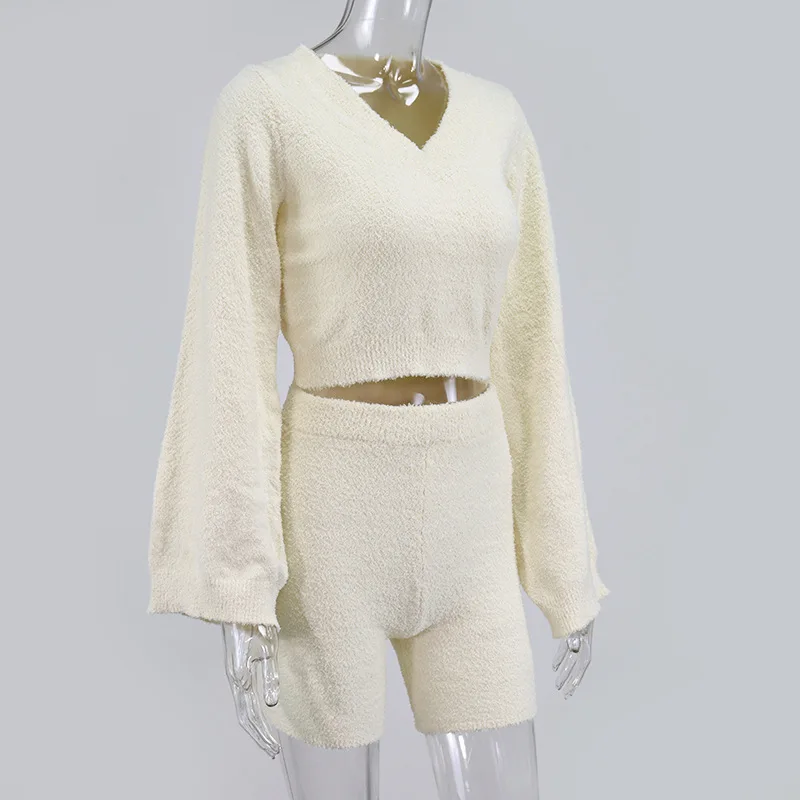 

Knitting Hollow Casual Two Piece Set Top And Short Autumn Women Set Sexy Sweater 2 Piece Set Women Outfits Gray Blue White 2020