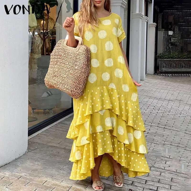 

Summer Women Dress VONDA Short Sleeve Polka Dot Print Dresses Vintage Irregular Hem Party Ruffled Long Robe Bohemian Vestidos