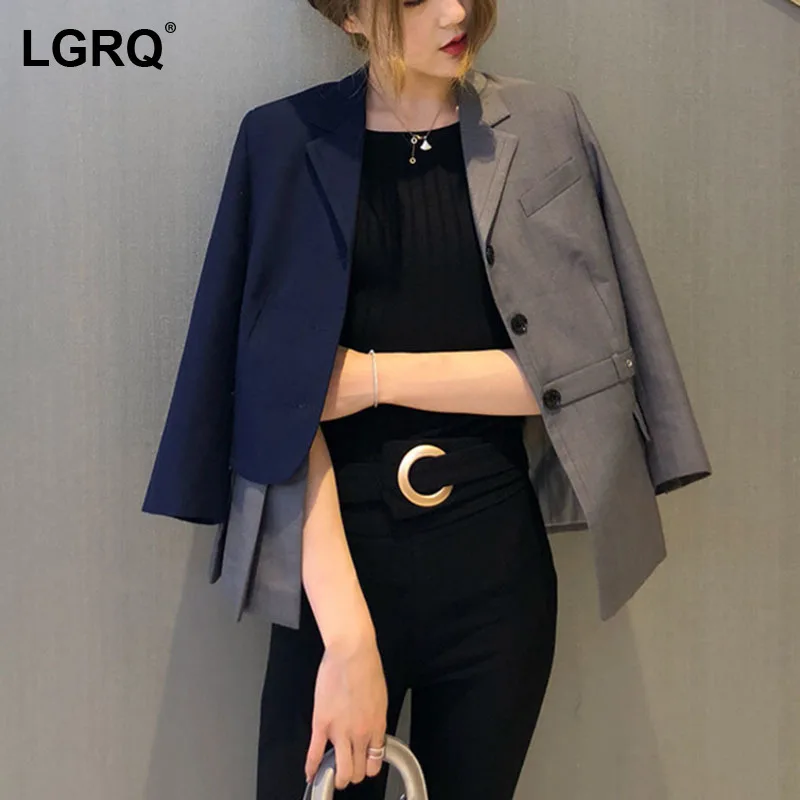 

[LGRQ] Patchwork Asymmetrical Design Casual Women's Acket New Lapel Long Sleeve Casual Coats Fashion Spring Autumn 2021 19D4045