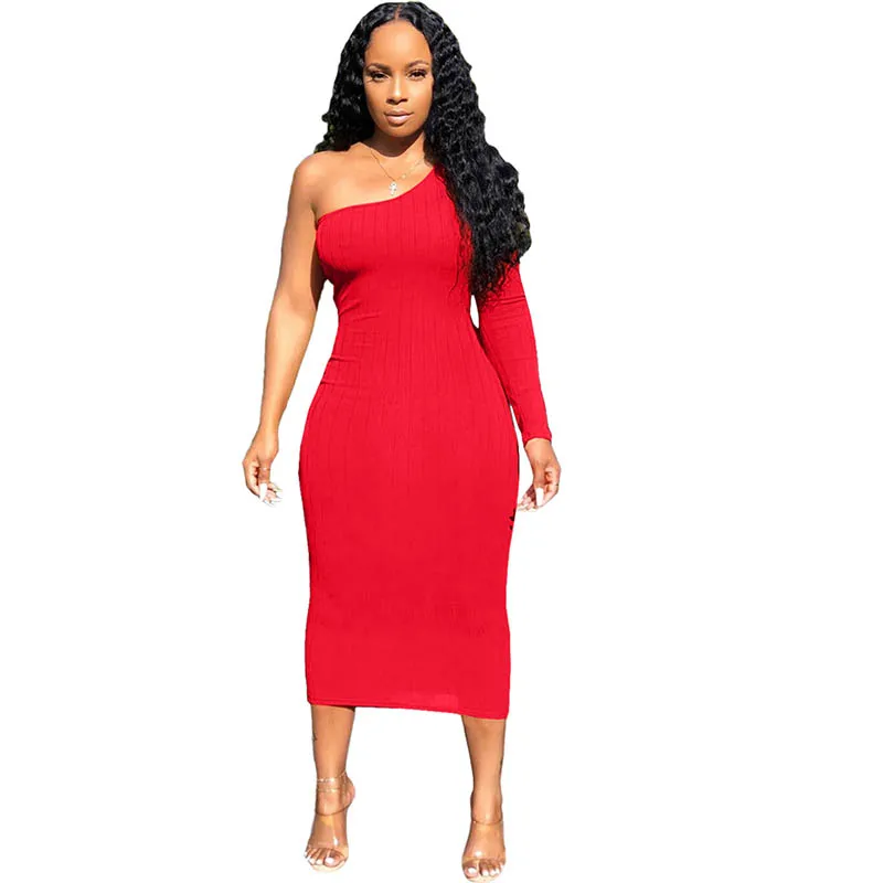 Women's Solid Color Slanted One-Shoulder Pit Nightclub Mid Dress | Женская одежда