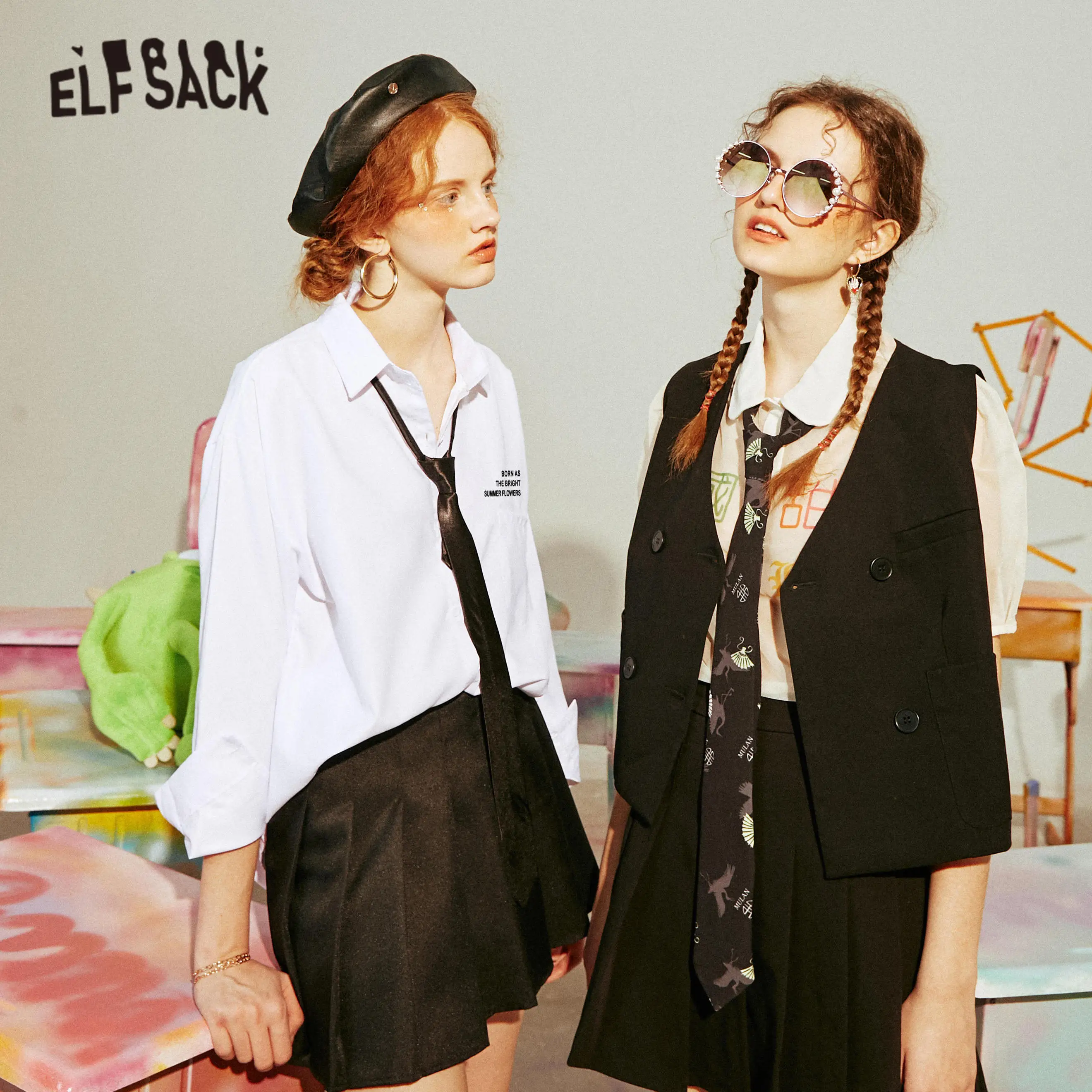 ELFSACK Black Solid JK Uniform Casual Women Feminism Matching Sets 2020 Summer ELF White Korean Ladies Preppy Two Piece Suits