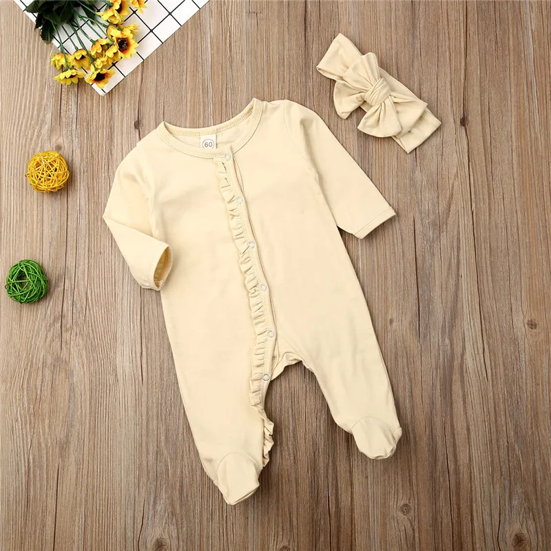 

2020 Autumn Newborn Infant Baby Boy Girl Footies Romper Headband Sleepwear Clothes Baby Solid Rompers 0-12M