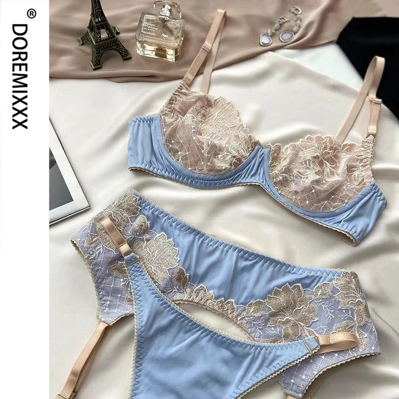 

Сексуальное нижнее белье, Кружевной Комплект эротического нижнего белья с вышивкой, бюстгальтер пуш-ап на косточках, Короткие комплекты с п...