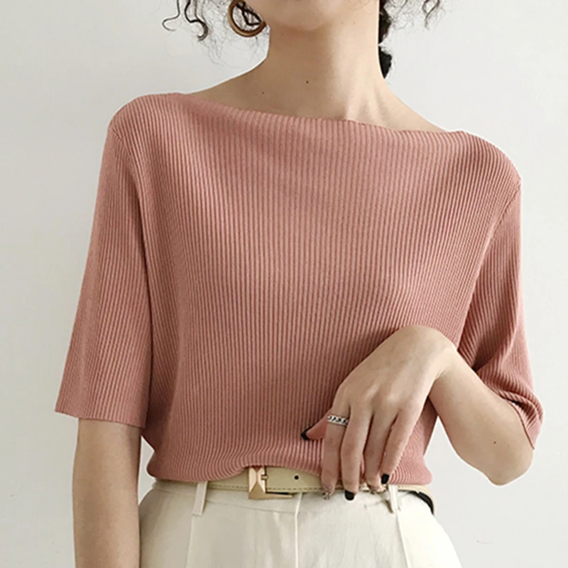 

New 2021 Women Summer T-Shirts Solid Multi 6 Colors Bottoming Casual Slash Neck Knitting Elasticity Ribbed Wild Tops Clothing