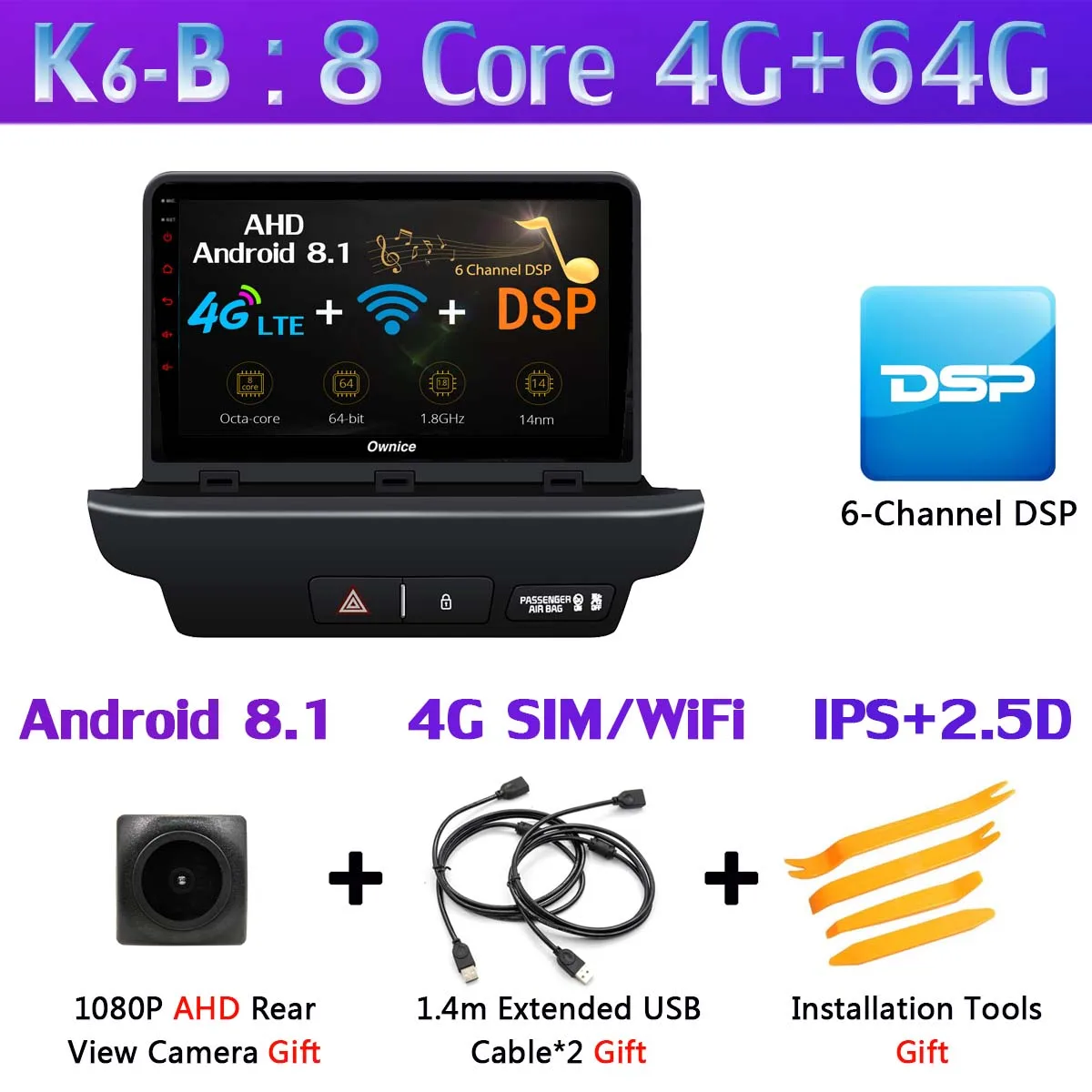 K6-B 360 ° панорамный 4G WiFi Android 9,0 8Core 4G+ 64G Автомобильный мультимедийный плеер gps навигация компактное минирадио CarPlay для Kia CEED - Цвет: K6-B