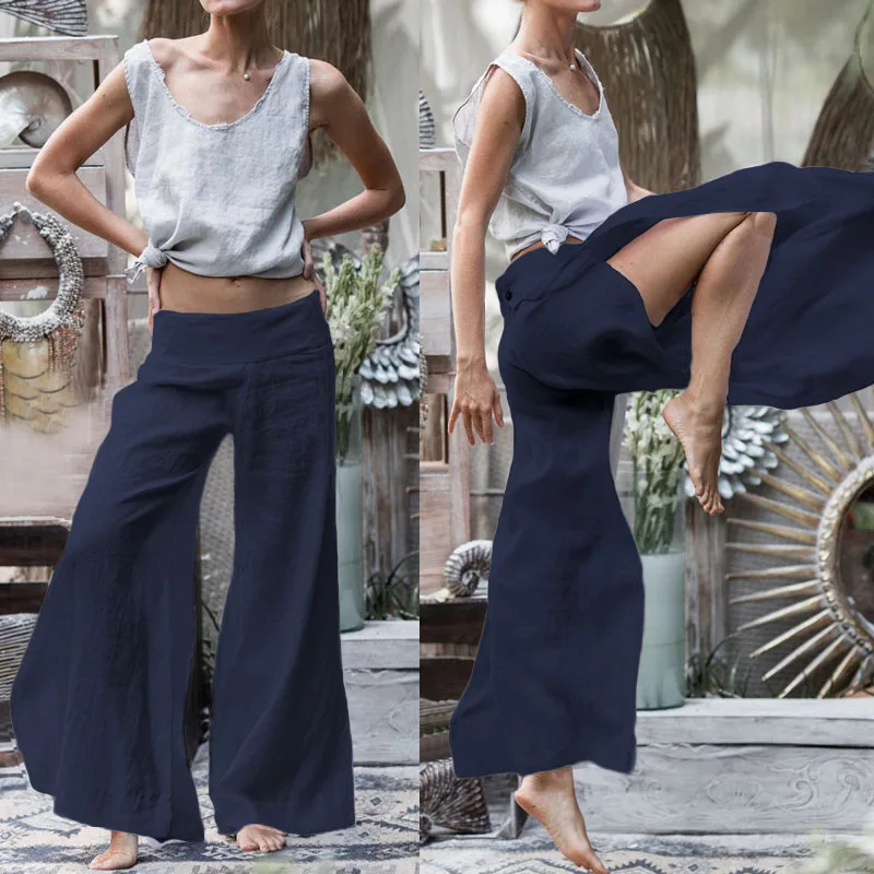 Vintage Palazzo Women Wide Leg Pants Celmia 2020 Fashion High Split Trousers Casual Loose Capris Long Pantalon Femme Plus Size 7 | Женская