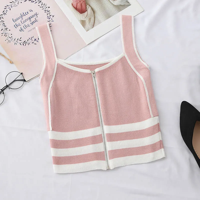 PINK HELIAR на молнии топики полосатый спагетти женский короткий топ жилет топы Femme Хлопок Вязание женские летние топики для женщин - Цвет: PINK