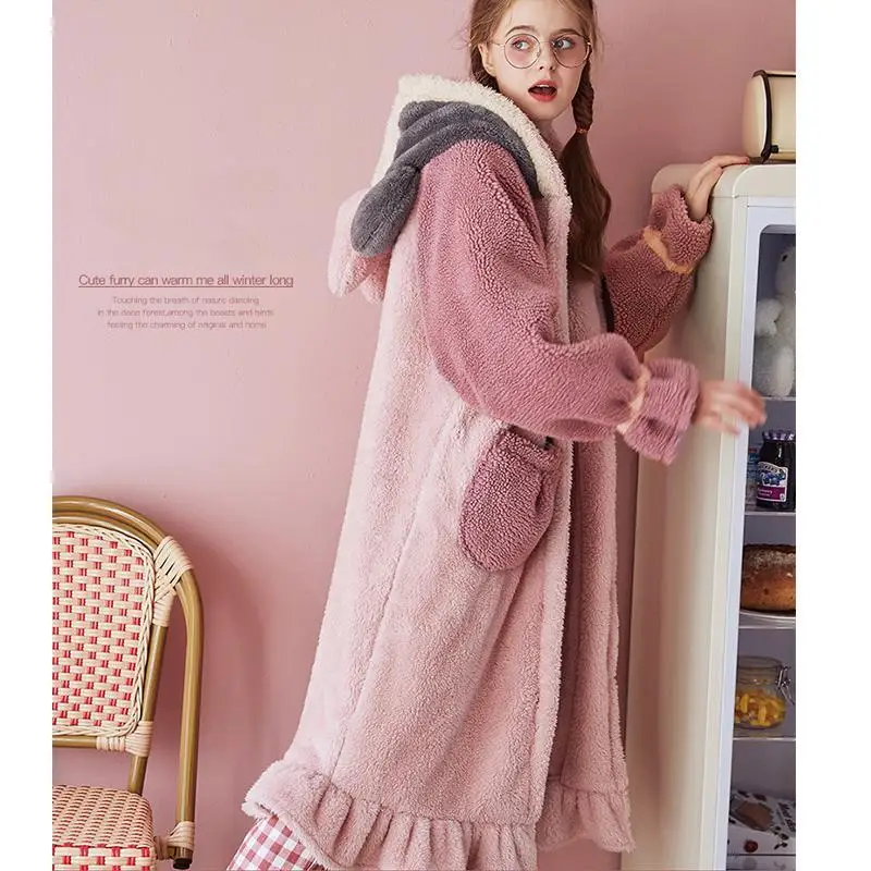 Women's Pajamas Hooded Nightgown Plush Coral Fleece Sleepwear Women Autumn and Winter Home Clothes Cartoon Mouse Thicken Pijama