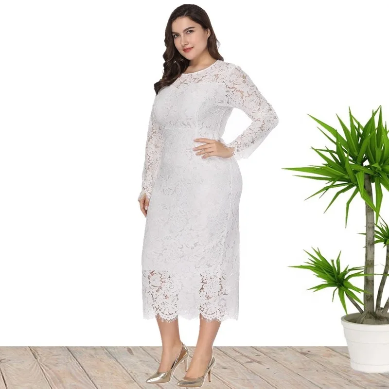 Women Lace Party Dress Plus Size 5XL 6XL 2021 O-neck Transparent Long Sleeve Mid-Length Bodycon Club Prom 4XL Cocktail Gowns