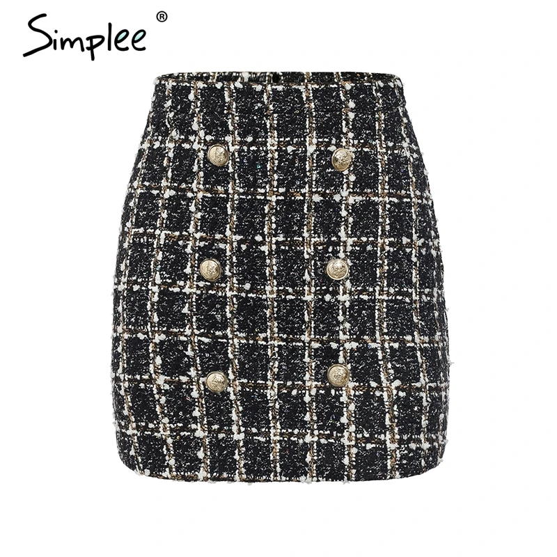 pattern1 black Simplee двубортные твидовые клетчатые женские юбки Прямые элегантные офисные женские короткие мини-юбка Vintage осенняя женская юбка - Цвет: pattern1 black