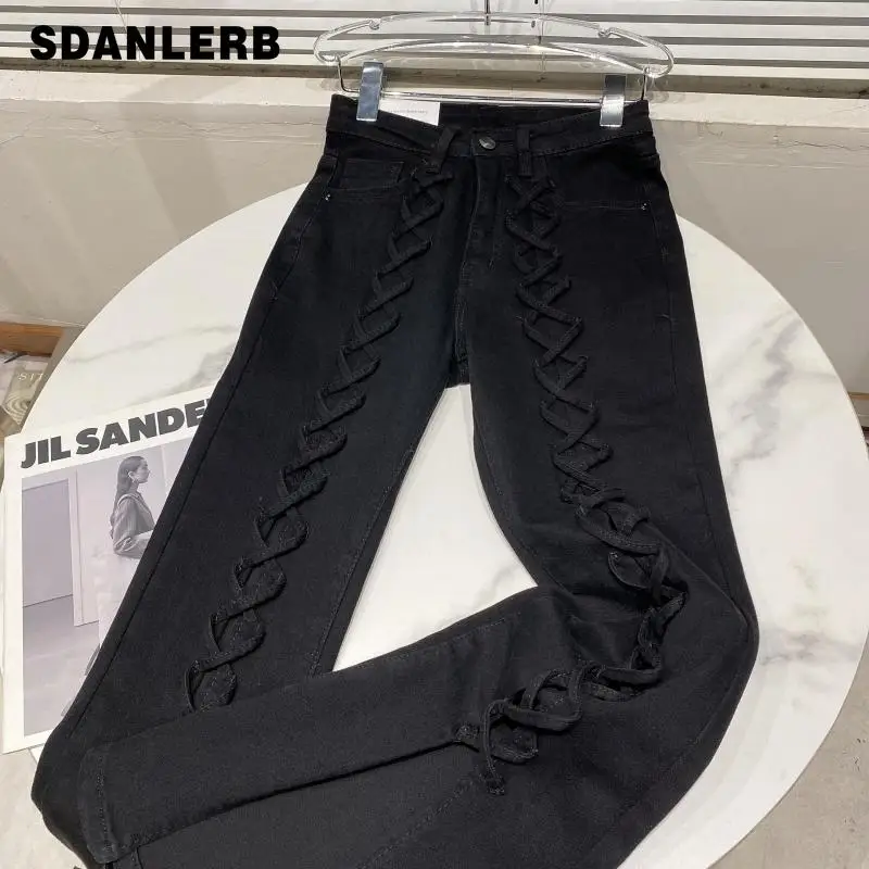 

2021 Autumn New Model Style Black Pants Cross Strap Design Stretch Denim Bootcut Trousers Women's Fashion Flare Jeans