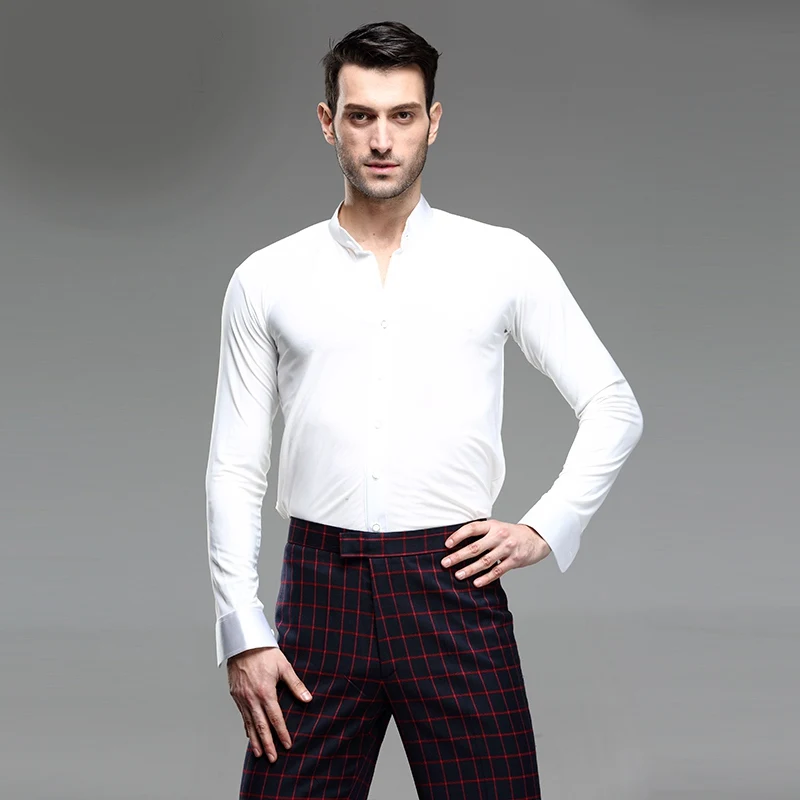 White Stand collar Новинка, Fantasia, топы для латинских танцев, мужские топы для йоги, бальных танцев, сальсы, Танго, самбы, Одежда для танцев, стандартные топы, Мужская Профессиональная Одежда для танцев - Цвет: White Stand collar