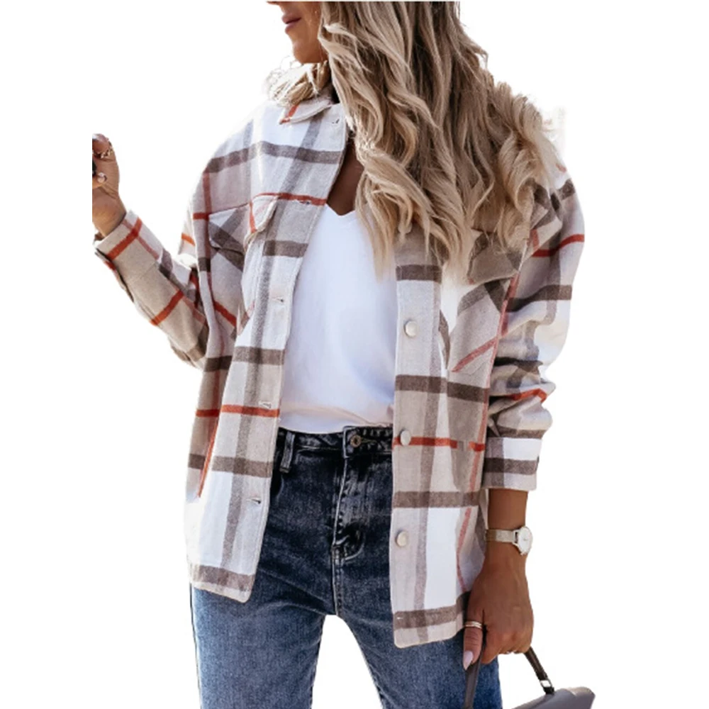 

Diiwii Women Turn-Down Collar Jackets Vintage Plaid Casual Long Sleeve Coat Lady Fashion Loose Streetwear Outerwear Autumn