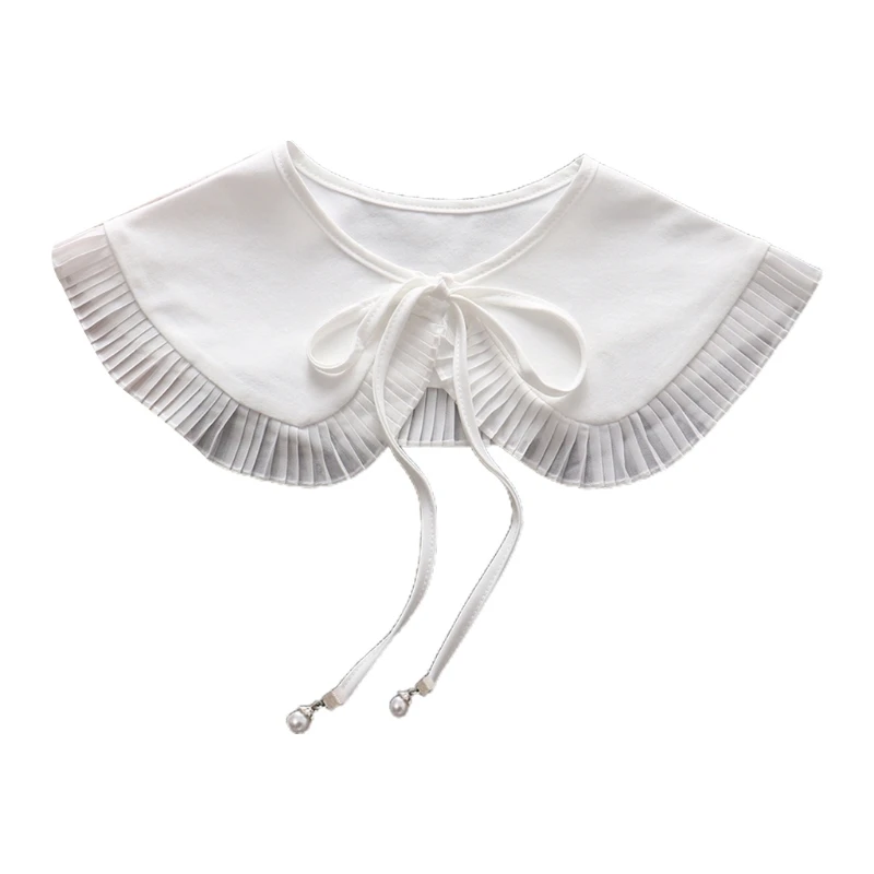 

Women Ruched Ruffled Trim Shawl Wrap False Collar Pearl Pendant Lace-Up Bow White Necklace Detachable Dickey Capelet