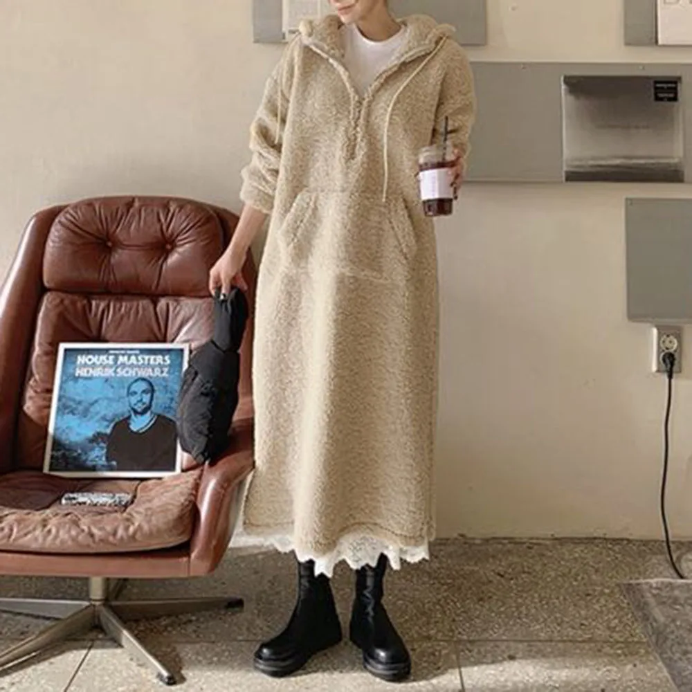 

Lamb Plush Dress Women Hooded Winter 2021 Fashion Long Sleeves Pocket Drawstring Plain Vintage Office Lady Female Long Dresses