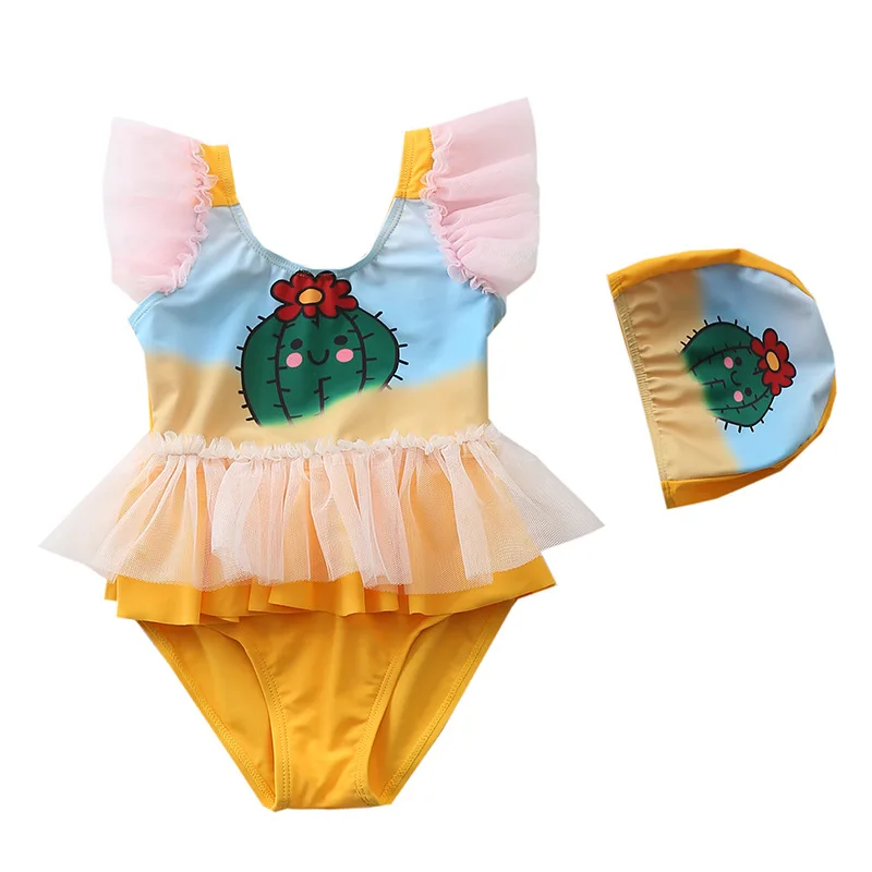 

Baby Girl Swimwear Bikini Unicorn Mermaid Print Lace Around Swimsuit for Girls One Piece with Swim Cap Children's Bathing Suit