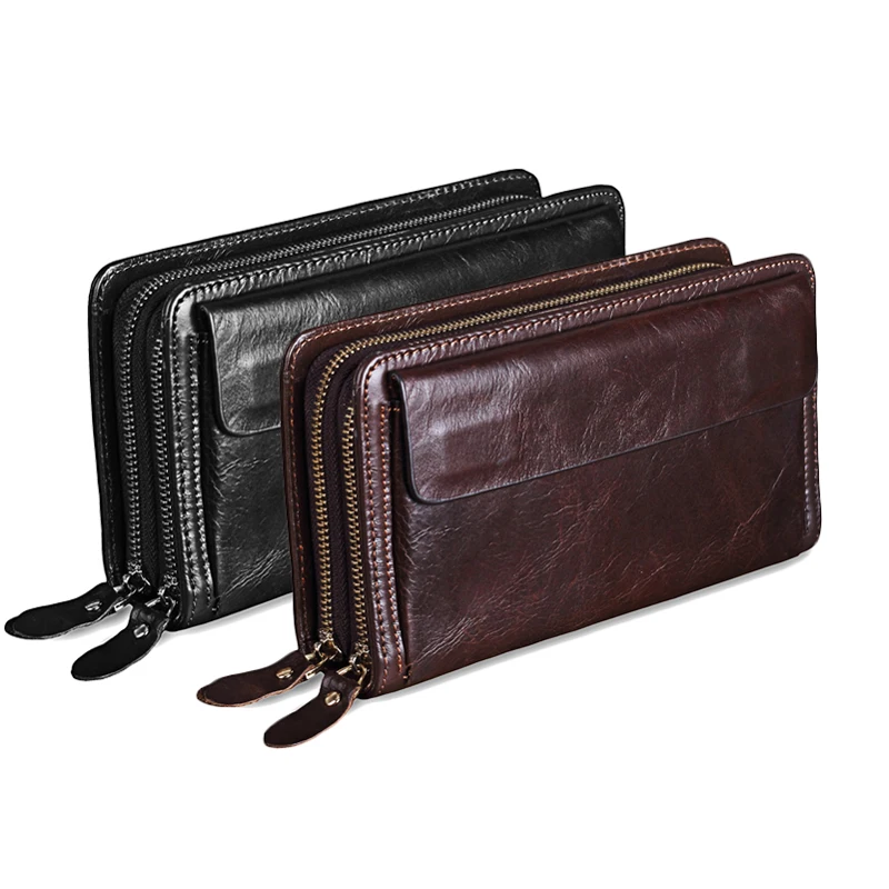 

Cowhide Men Clutch Wallets Genuine Leather Long Purses Business Large Capacity Wallet Double Zipper Phone Bag For Male