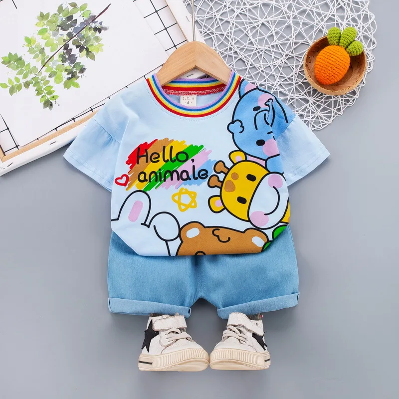 

Новинка, летняя брендовая одежда для маленьких мальчиков, детская одежда, Милая футболка в полоску с коротким рукавом и джинсовые шорты, спо...