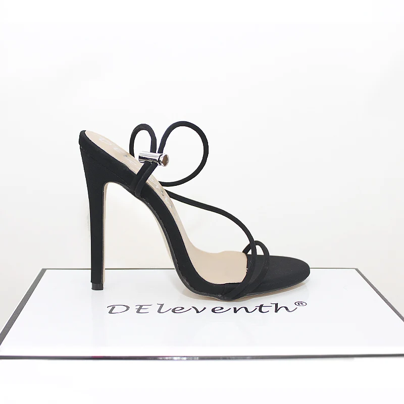 Женские босоножки с ремешком на щиколотке черные тонком каблуке вечерняя Обувь