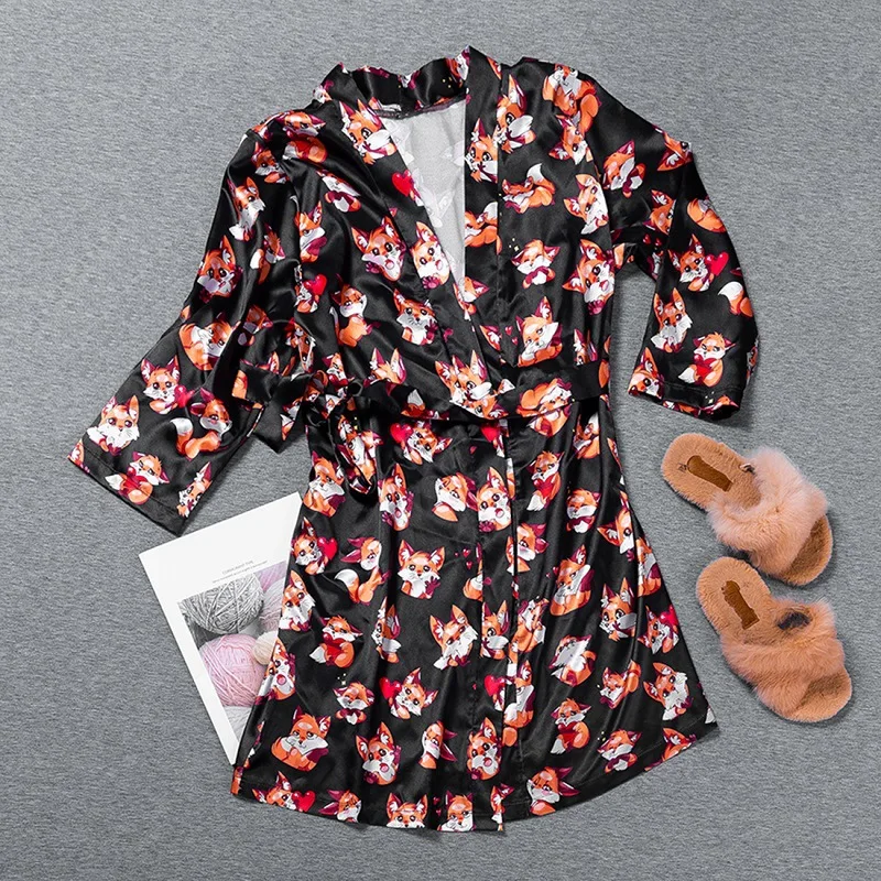 Fox Pajamas Pattern Women Robes with Sashes Print Three Quarter Sleeve Sexy Robe Satin V-Neck Elegant Night Sleepwear