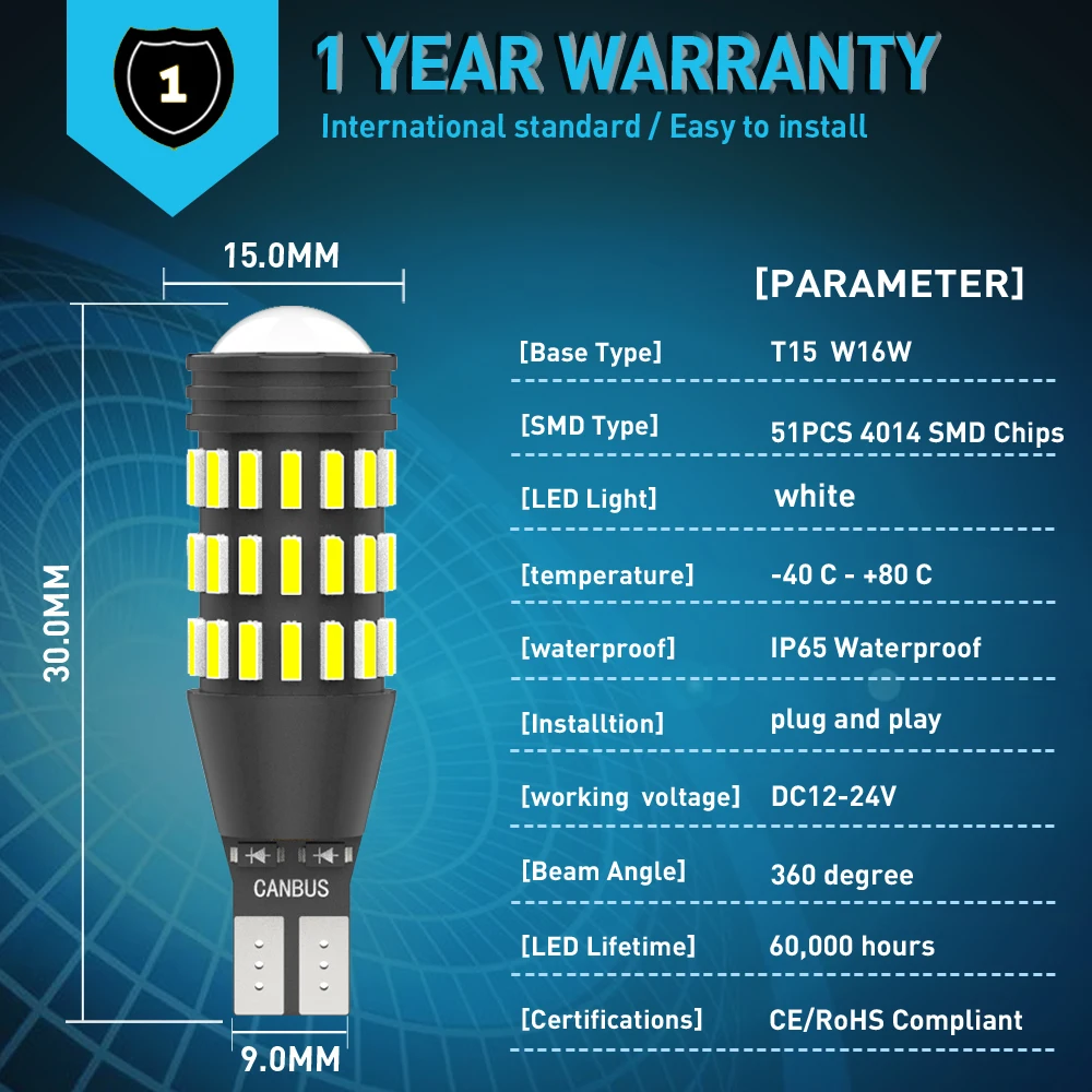 Комплект светодиодсветодиодный ламп T15 W16W 921 912 Canbus без ошибок лампа 4014 51SMD