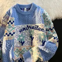 Sky Blue Winter Tops Vintage Flower Sweaters Women Hip Hop Knitted Jumper Streetwear Harajuku Loose Fashion Pullovers Harajuku 1