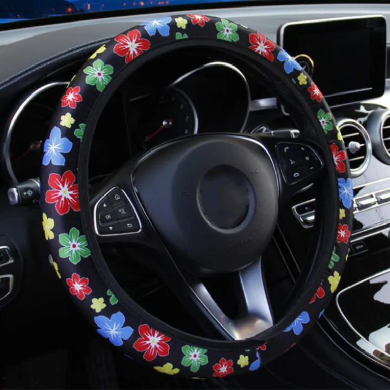 Чехол рулевого колеса автомобиля с цветочным принтом нескользящий