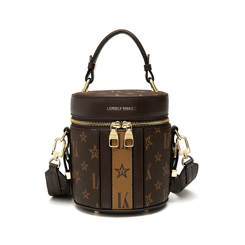 

Exquisite Cowhide Leather Cylindrical Bucket Bag for Women 2020 Printed Texture One-shoulder Messenger Bag Ladies Lipstick Purse