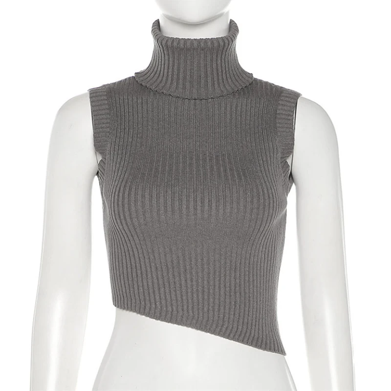 

Sibybo Black Turtleneck Knitted Tank Top Women Casual Sleeveless Irregular Crop Top Sexy Streetwear Femme Fashion Vest Tees 2021