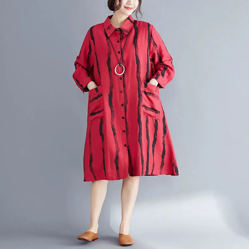 Женское свободное платье с отложным воротником Повседневное в полоску на