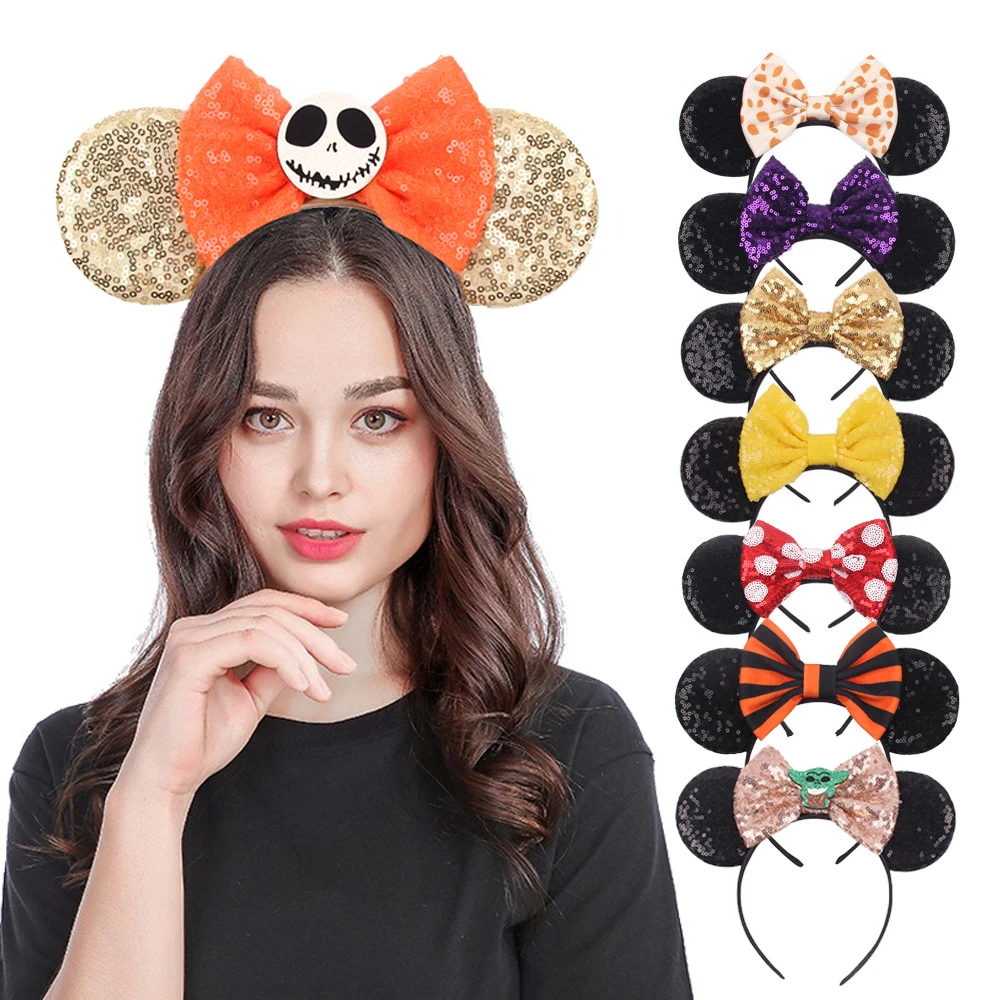

New Cartoon Bows Glitter Mouse Ears headband Girls 5'' Bow sequin Hairband Halloween Holiday Party Cosplay Adult/Kids Gift