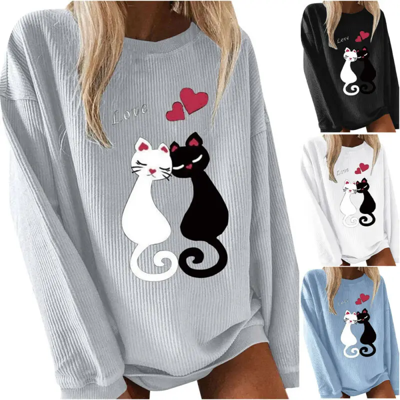 

Women Ladies Cats Printed Crew Neck Pullover Blouse T-shirt Casual Long Sleeve Sweatshirt