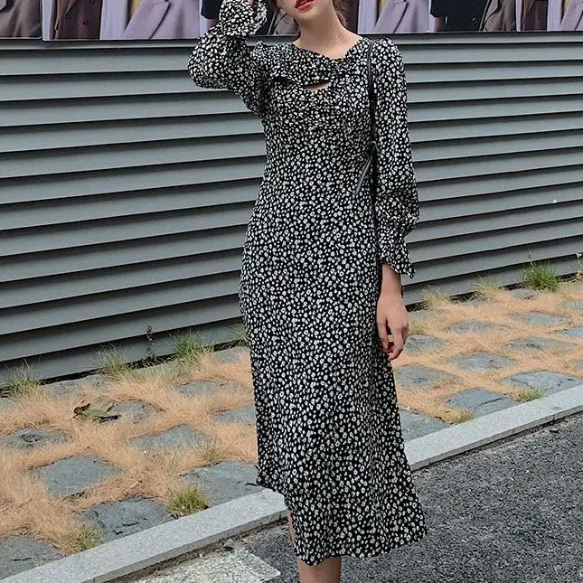 Korean Fashion Elegant Printed Mid-Length Dress Summer Flare Sleeve Casual All-Match Ladies Long Skirt 2021 Ladies Beach Dress